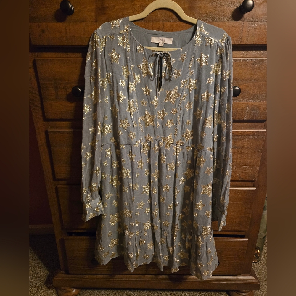 Loft Shimmer Gold Star Tiered Mini Dress  SZ XL
